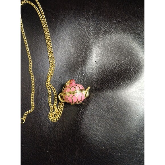 Teapot Locket Opens Pink Enamel Sparkly Cherry Necklace - Picture 9 of 9